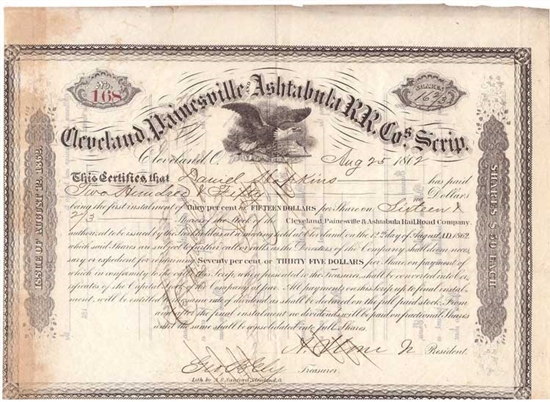 Cleveland, Painesville & Ashtabula Railroad Co. Stock Certificate - 1862