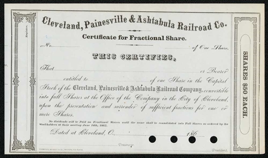 Cleveland, Painesvill & Ashtabula Railroad Co. Stock Certificate