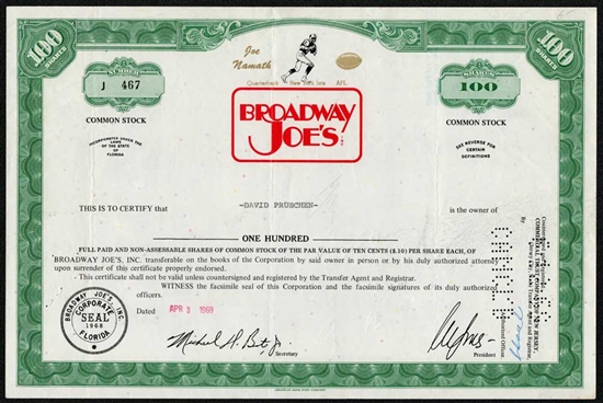 Broadway Joes Stock Certificate - Green