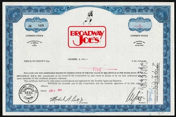 Broadway Joes Stock Certificate - Blue