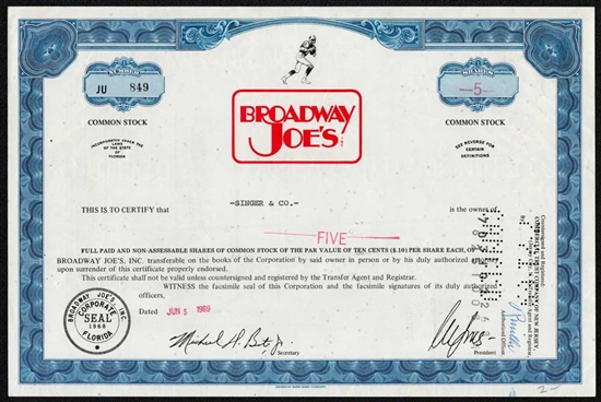 Broadway Joes Stock Certificate - Blue