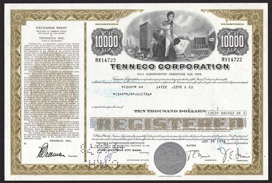Tenneco Corp. $10,000 Bond Certificate - 1974