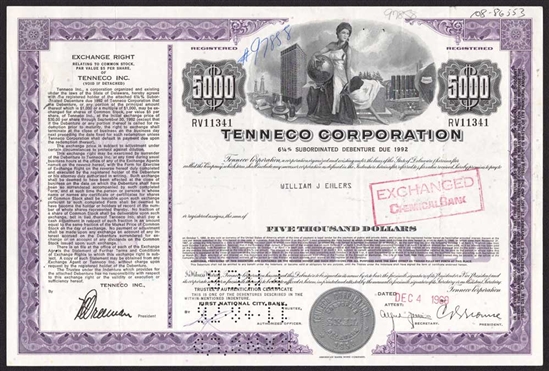 Tenneco Corp. $5,000 Bond Certificate - 1968