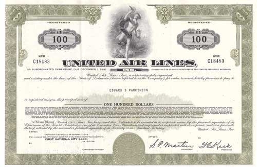 United Air Lines $100 Bond Certificate