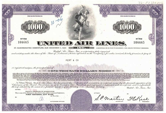 United Air Lines $1000 Bond Certificate