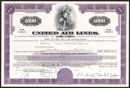 United Air Lines $1000 Bond Certificate
