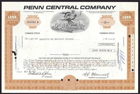 Penn Central Company Stock Certificate - Brown