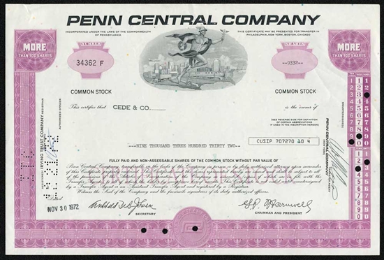 Penn Central Company Stock Certificate - Purple