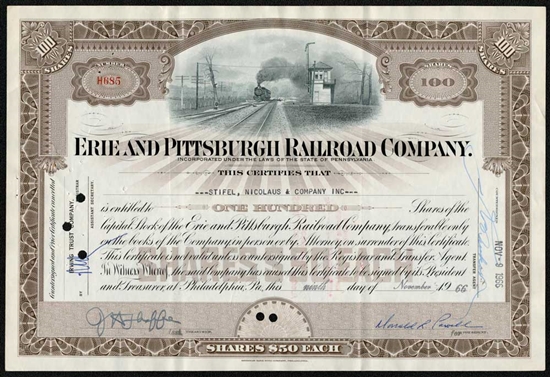 Erie and Pittsburgh Railroad Company Stock Certificate - Brown