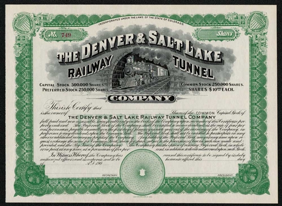 The Denver & Salt Lake Railway Tunnel Stock Certificate