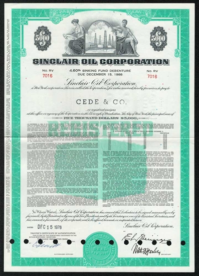 Sinclair Oil Corp $5000 Bond Certificate - 1976
