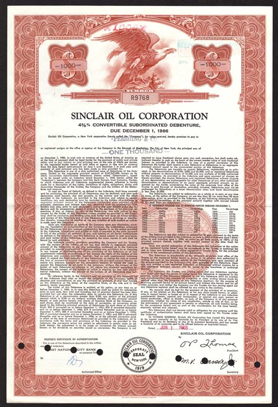 Sinclair Oil Corp $1000 Bond Certificate - 1968