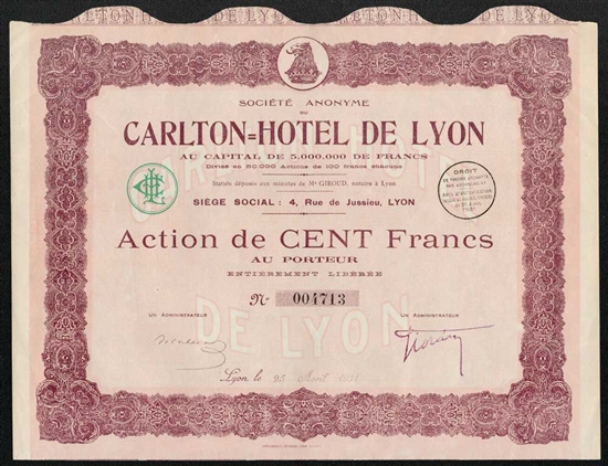 1931 France, Carlton Hotel de Lyon Bond