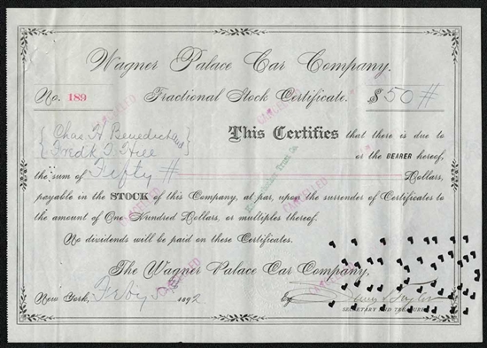 Wagner Palace Car Company Stock Certificate -1892