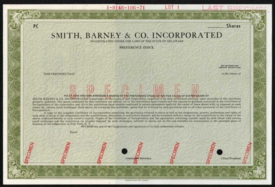 Smith, Barney & Co. Specimen Stock Certificate - 1971