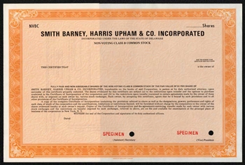 Smith Barney, Harris Upham & Co. Specimen Stock Certificate