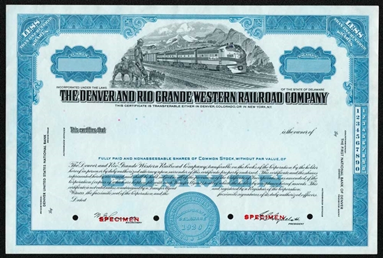 The Denver and Rio Grande Railroad Company Stock Certificate