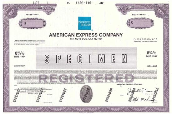 American Express Company Specimen Note Certificate