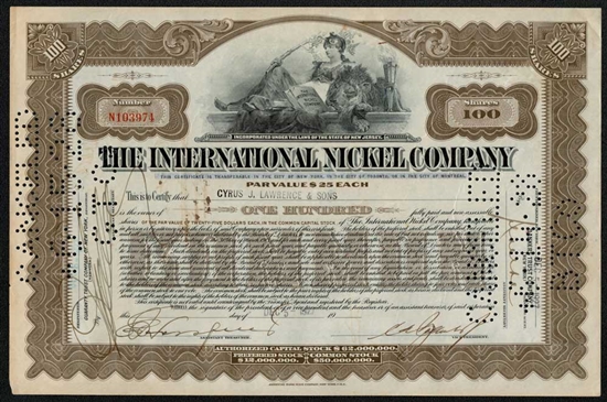 The International Nickel Company Stock Certificate