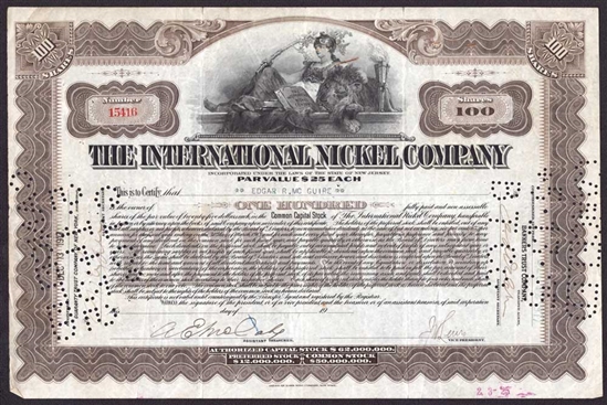 The International Nickel Company Stock Certificate