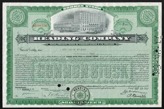 Reading Company Railroad Stock Certificate