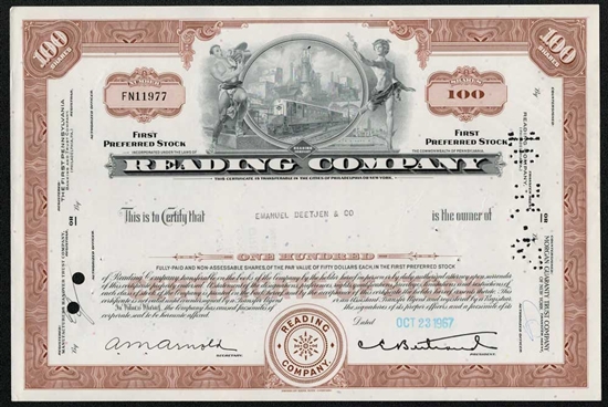 Reading Company Railroad Stock Certificate