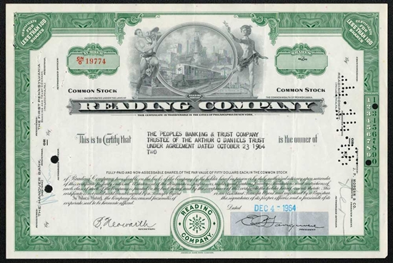 Reading Company Railroad Stock Certificate