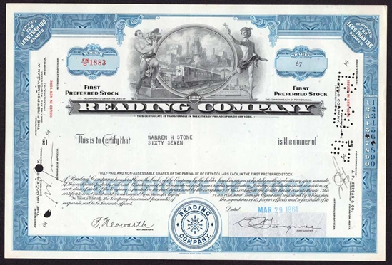Reading Company Railroad Stock Certificate