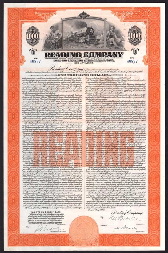Reading Company $1000 Bearer Bond - 1945