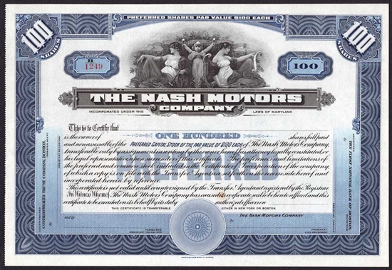 The Nash Motors Company Stock Certificate