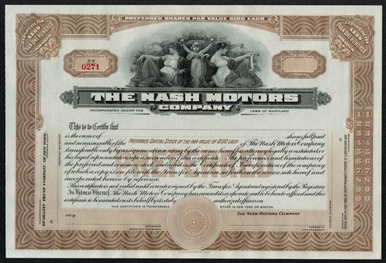 The Nash Motors Company Stock Certificate