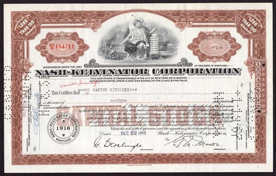 Nash-Kelvinator Corp Stock Certificate - Nash Motors Merger