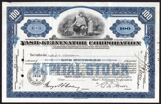 Nash-Kelvinator Corp Stock Certificate - Nash Motors Merger