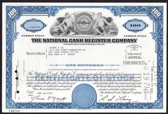 The National Cash Register Co. Stock Certificate