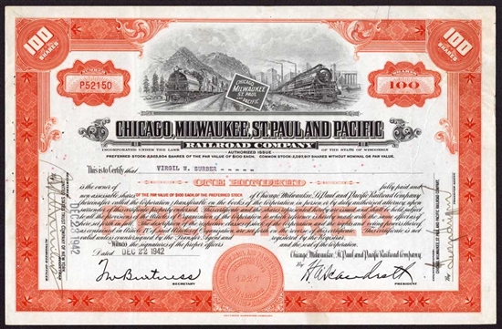 Chicago, Milwaukee, St. Paul and Pacific Railroad Company Stock Certificate