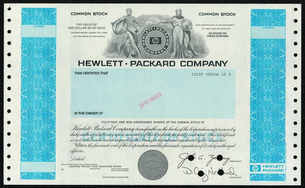 Hewlett - Packard Company Specimen Stock Certificate