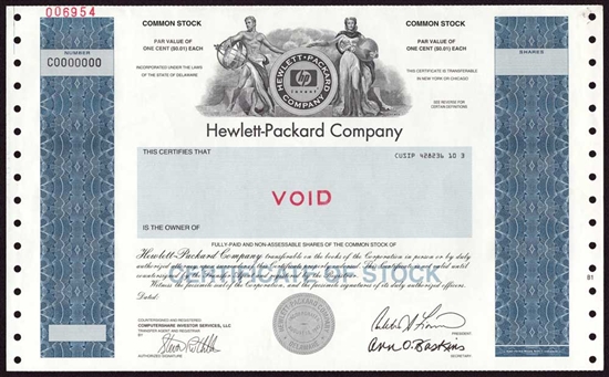 Hewlett - Packard Company Specimen Stock Certificate