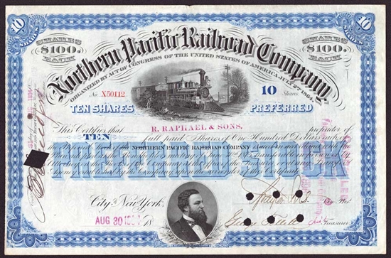 Northern Pacific Railroad Co Certificate - Signed by General Brayton Ives - 1884