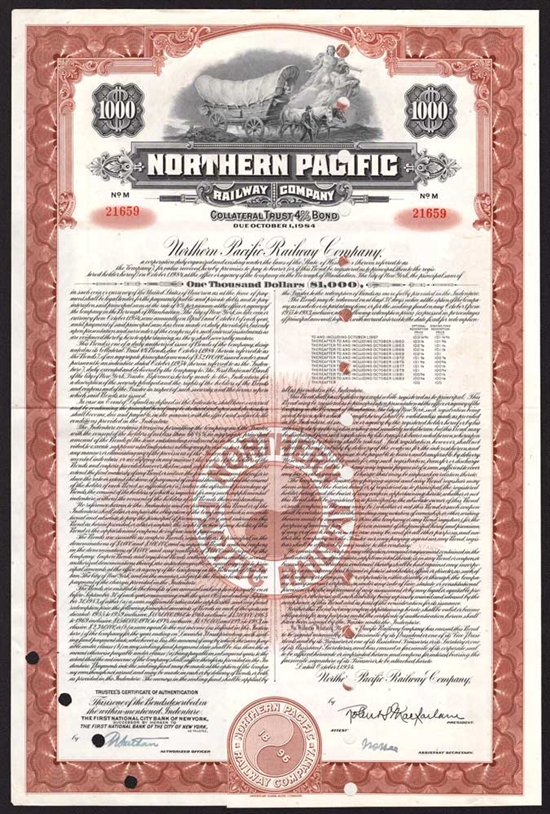 Northern Pacific Railroad Co $1000 Bond - 1954