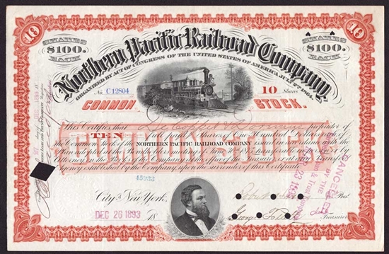 1893 Northern Pacific Railroad Co Stock Certificate