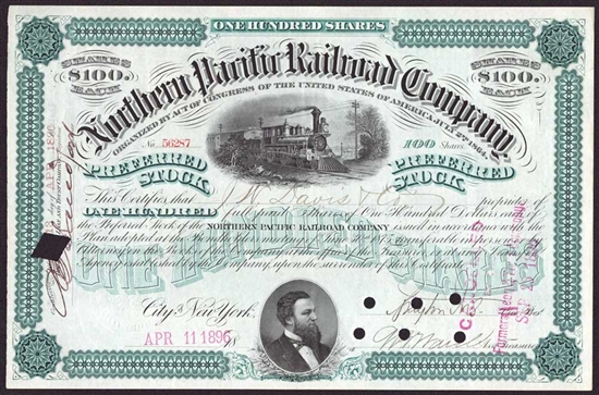 1896 Northern Pacific Railroad Co Stock Certificate