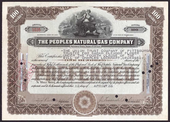 The Peoples Natural Gas Company Stock Certificate - 1935