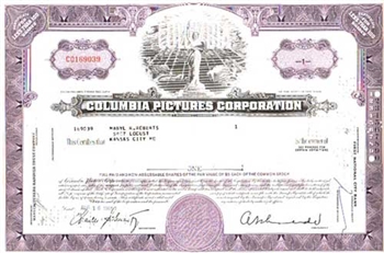 Columbia Pictures Corp. Stock Certificate - Purple