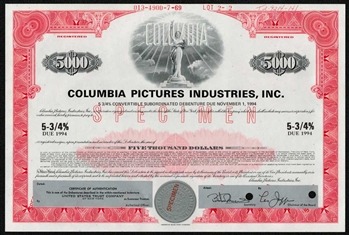Columbia Pictures Specimen Certificate