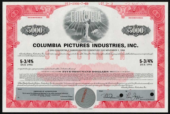 Columbia Pictures Specimen Certificate