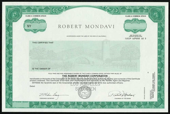 Robert Mondavi Wine IPO Specimen Stock Certificate - Rare