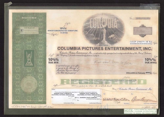 Columbia Pictures Entertainment, Inc Production Proof Bond Certificate | 1 of 1