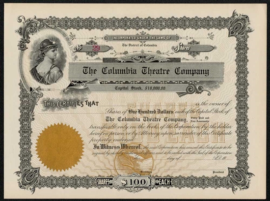 The Columbia Theatre Company Stock Certificate