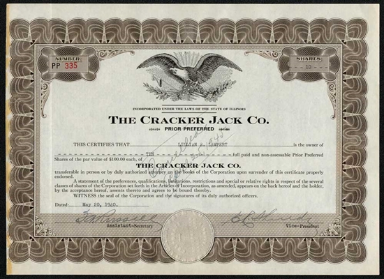 The Cracker Jack Co. Stock Certificate