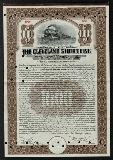 The Cleveland Short Line Railway Company Gold Bond Certificate